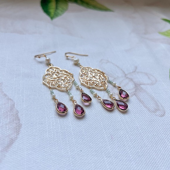 Garnet Wine Red Mint Freshwater Pearl Casual Fun Mint Tassel Chandelier Earrings - Picture 3 of 4